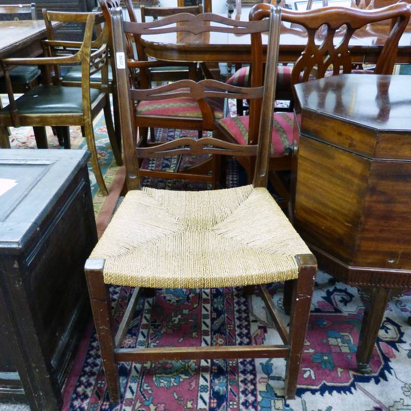 PAIR OF EARLY 20TH CENTURY MAHOGANY DINING CHAIRS WITH ROPE WORK SEATS & SQUARE SUPPORTS