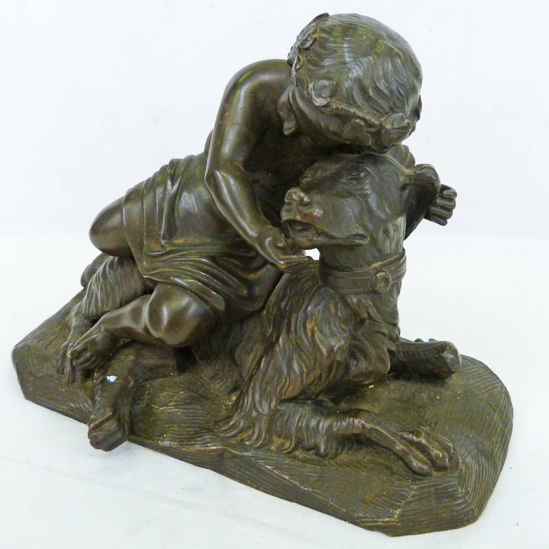 BRONZE FIGURE OF GIRL WITH DOG, 15CM TALL