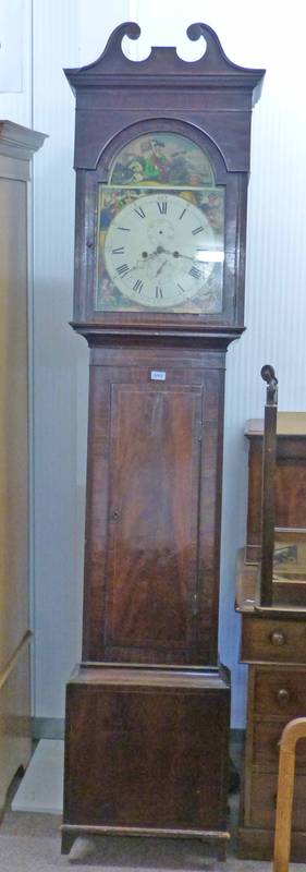 19TH CENTURY INLAID MAHOGANY GRANDFATHER CLOCK WITH PAINTED DIAL SIGNED DOBBIE, GLASGOW, 230CM TALL