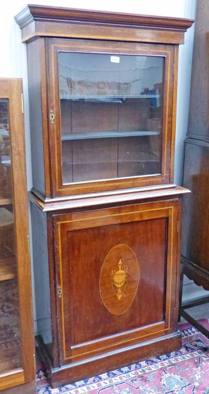 LATE 19TH CENTURY INLAID MAHOGANY BOOKCASE WITH GLASS PANEL DOOR OVER PANEL DOOR ON PLINTH BASE