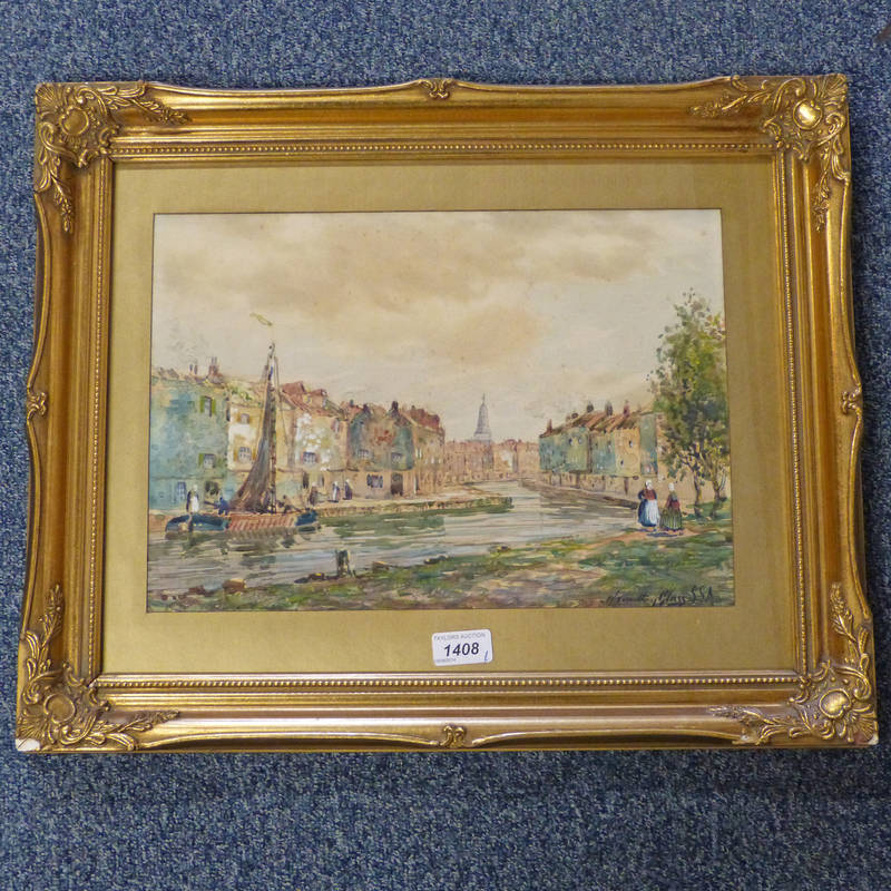 GILT FRAMED WATERCOLOUR DUTCH CANAL SCENE SIGNED HAMILTON GLASS