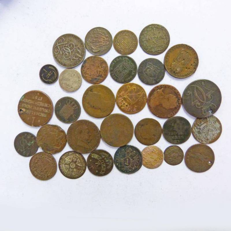 SELECTION OF 18TH AND 19TH CENTURY EUROPEAN COINS INCLUDING 1712 DANISH FREDERICK IV 1 SKILLING