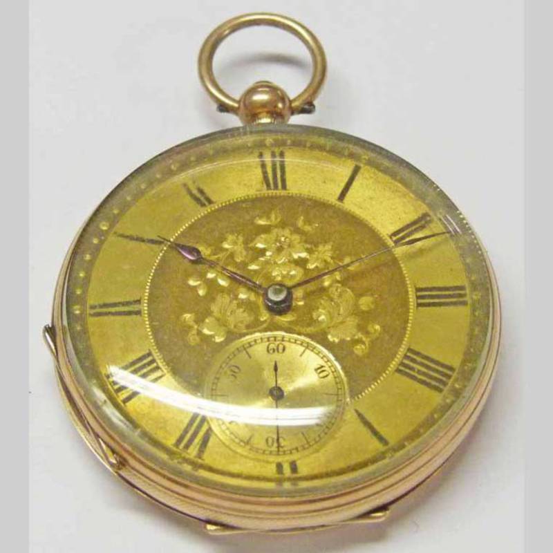 OPEN FACED POCKET WATCH, THE CASE MARKED 14K & WITH DECORATIVE DIAL