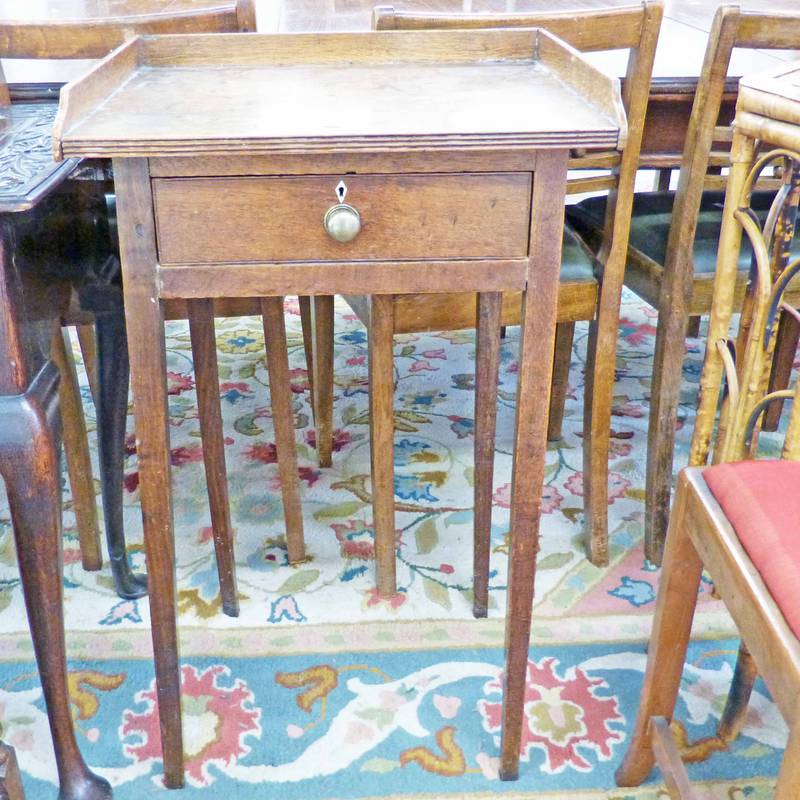 19TH CENTURY OAK BEDSIDE TABLE WITH GALLERIED TOP & DRAWER ON SQUARE SUPPORTS, 79CM TALL