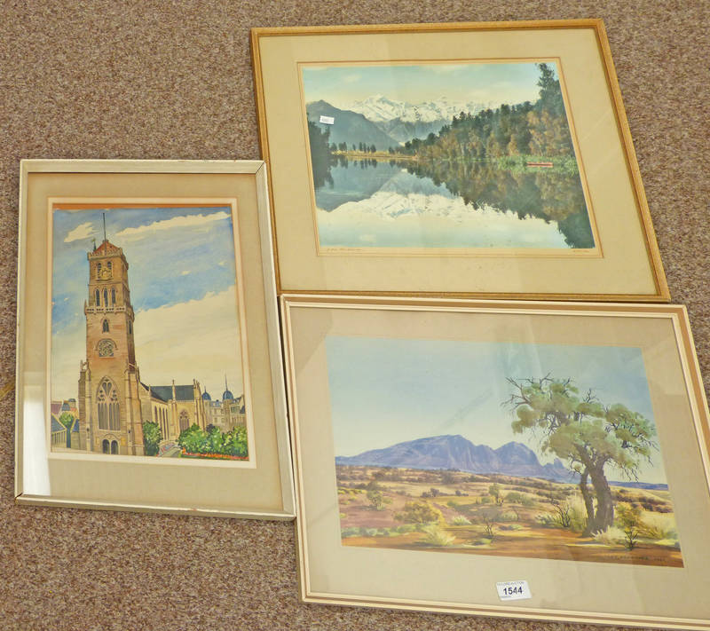 FRAMED WATERCOLOUR THE OLD STEEPLE & FRAMED PHOTOGRAPH BY W LIKES OF NEW ZEALAND & FRAMED PICTURE M