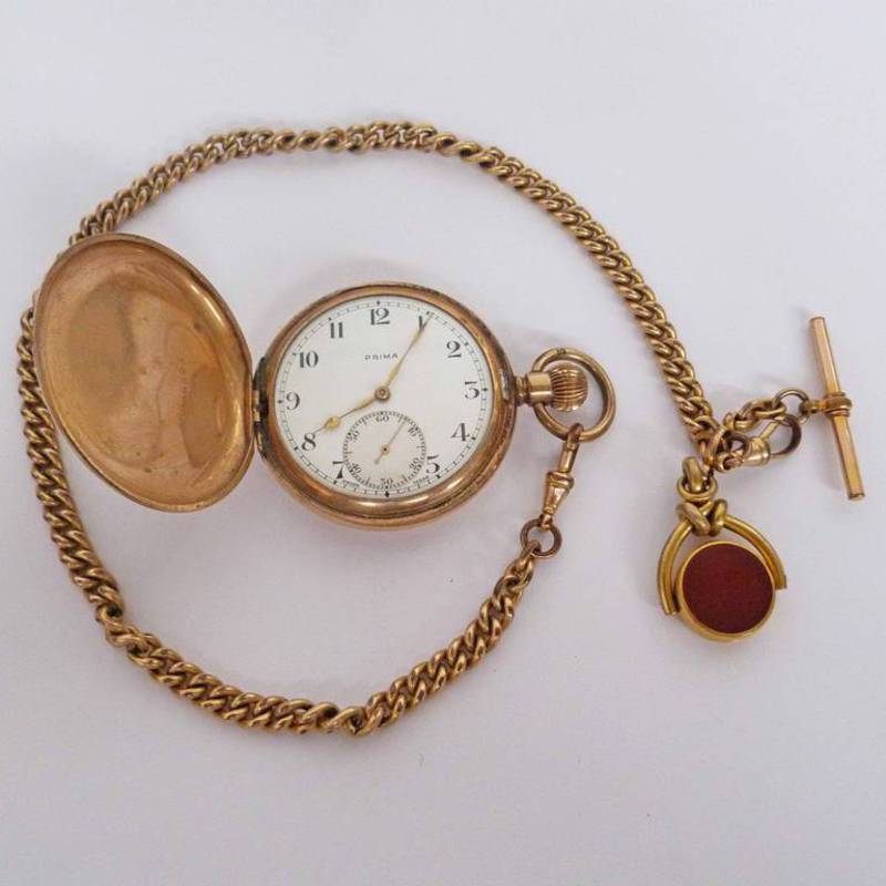PRIMA CASED POCKET WATCH WITH ROLLED GOLD CHAIN