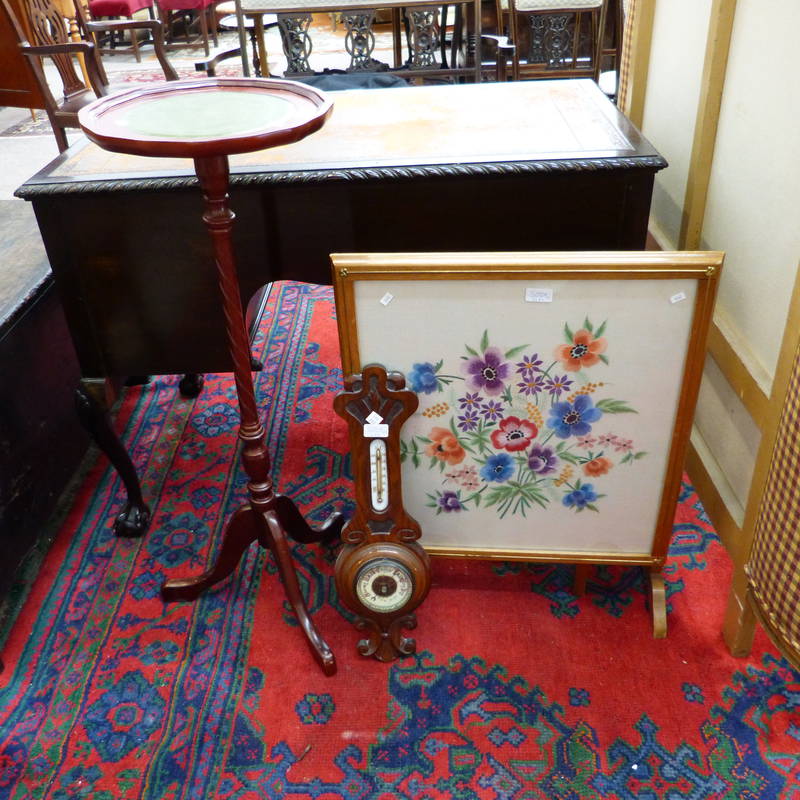 LEATHER TOPPED STAND, CARVED MAHOGANY BAROMETER AND FRAMED FLORAL TAPESTRY