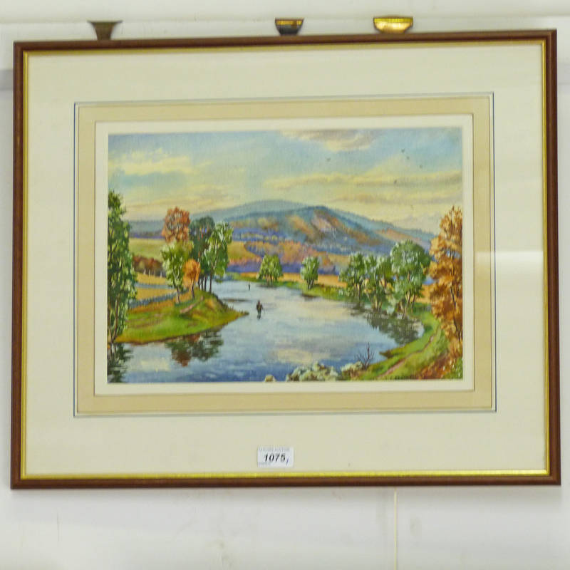 T. BERTRAM  THE TWEED AT THORNIELEE IN AUTUMN  SIGNED FRAMED WATERCOLOUR 26 X 37CM