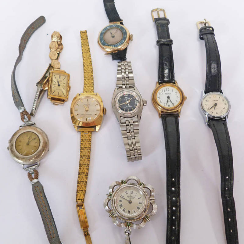 VARIOUS WRIST WATCHES, GOLD ENAMEL AND SILVER ETC