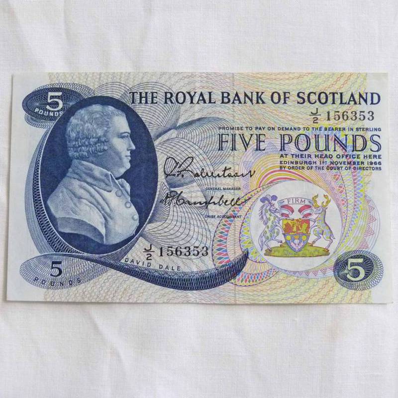 ROYAL BANK OF SCOTLAND FIVE POUND NOTE, J/2 156353 NOVEMBER 1966 WITH DAVID DALE PORTRAIT, G. P.