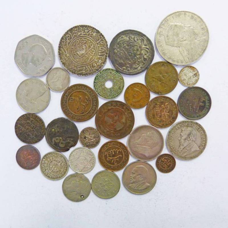 SELECTION OF AFRICAN COINS, VARIOUS DATES INCLUDING 19TH CENTURY Z.A.R. MOROCCO, ETHIOPIA, GHANA,