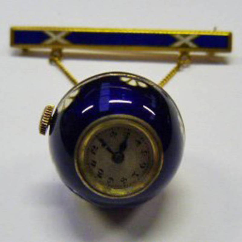 SWISS ENAMEL SPHERICAL FOB WATCH  ON BAR MARKED 15CT