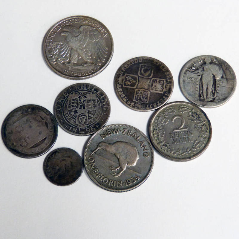 SELECTION OF FOREIGN AND ENGLISH COINS COMPRISING OF 1745, 1890 AND 1896 SHILLINGS, 1841 GROAT,
