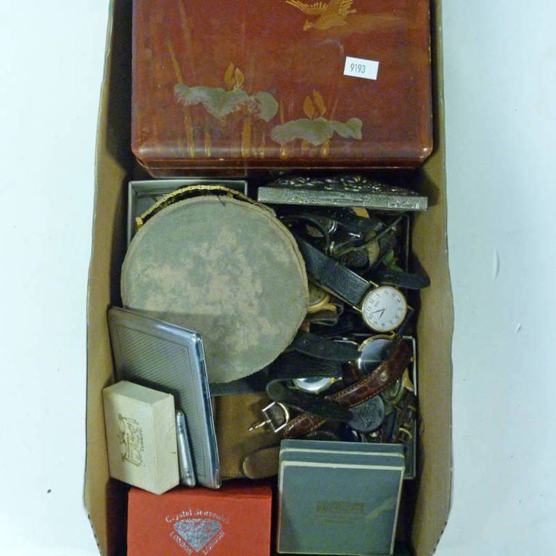 LARGE SELECTION WRIST WATCHES, LACQUER BOX, COSTUME JEWELLERY ETC