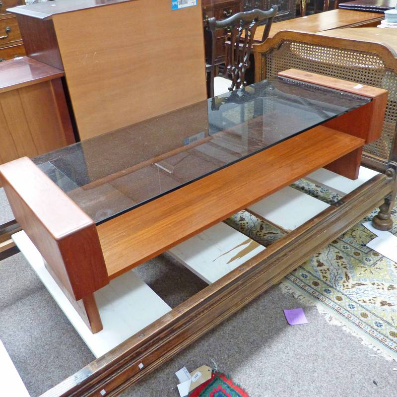 RECTANGULAR COFFEE TABLE WITH SMOKED GLASS PANEL, 145 X 52CM