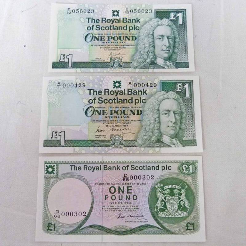 3 ROYAL BANK OF SCOTLAND ONE POUND NOTES D/68 000302 A. M. MAIDEN 1986, A/1 000429 A.M. MAIDEN 1987