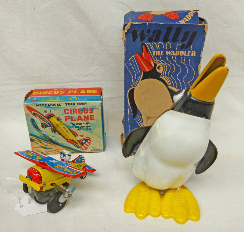 TUDOR ROSE WALLY THE WALKING PENGUIN CLOCKWORK TOY TOGETHER WITH YONESAWA TINPLATE CLOCKWORK CIRCUS