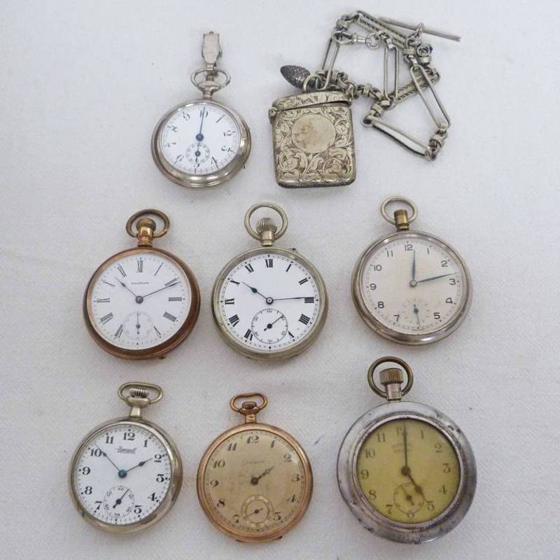 SELECTION OF VARIOUS POCKET WATCHES INCLUDING WALTHAM INGERSOLLS ETC AND A WHITE METAL VESTA CASE