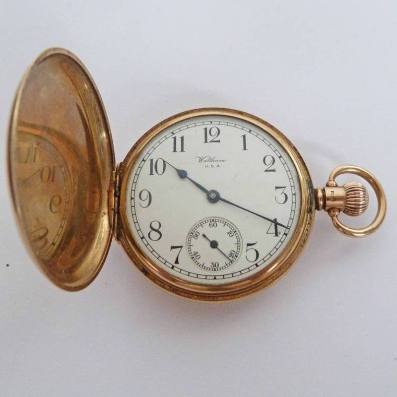 9CT GOLD WALTHAM POCKET WATCH WITH KEYLESS WIND, CASE AND CUVETTE NO 510460 WITH MOVEMENT NO