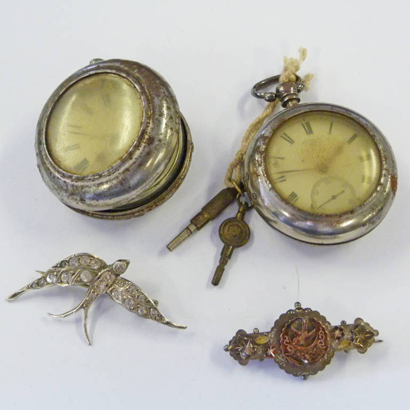 SILVER POCKET WATCH & ONE OTHER, PASTE SET SWALLOW BROOCH & ONE OTHER MARKED STERLING