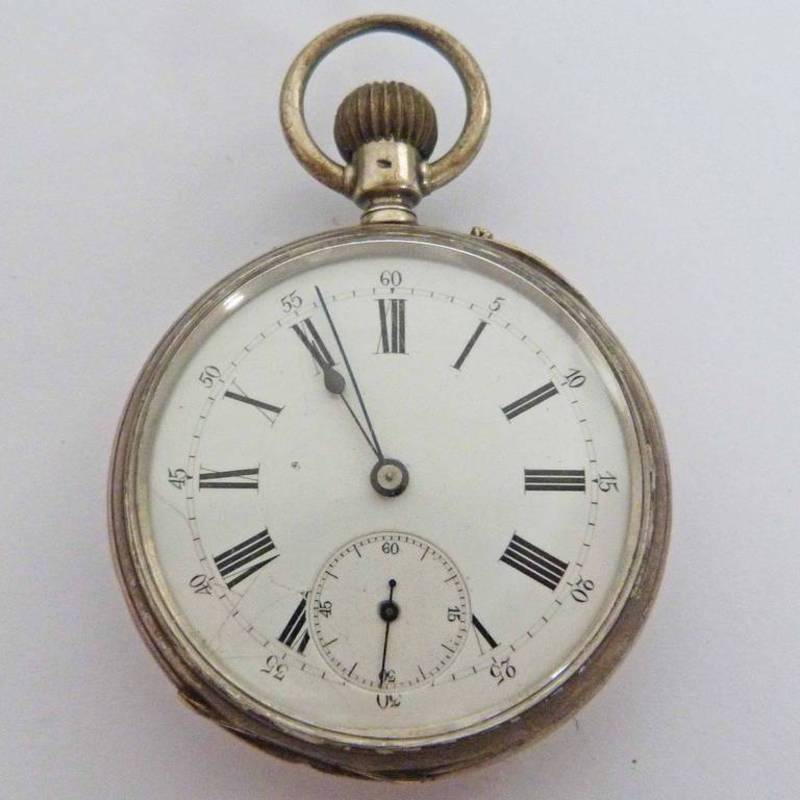 SILVER CASED POCKET WATCH, KEYLESS WIND WITH INSCRIPTION TO INTERIOR AND ENGRAVED EMBLEM TO REVERSE