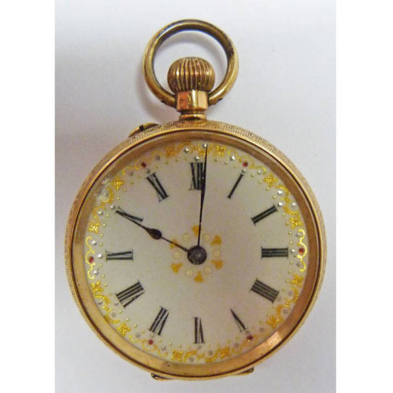 14CT GOLD FOB WATCH WITH ENAMELLED DIAL