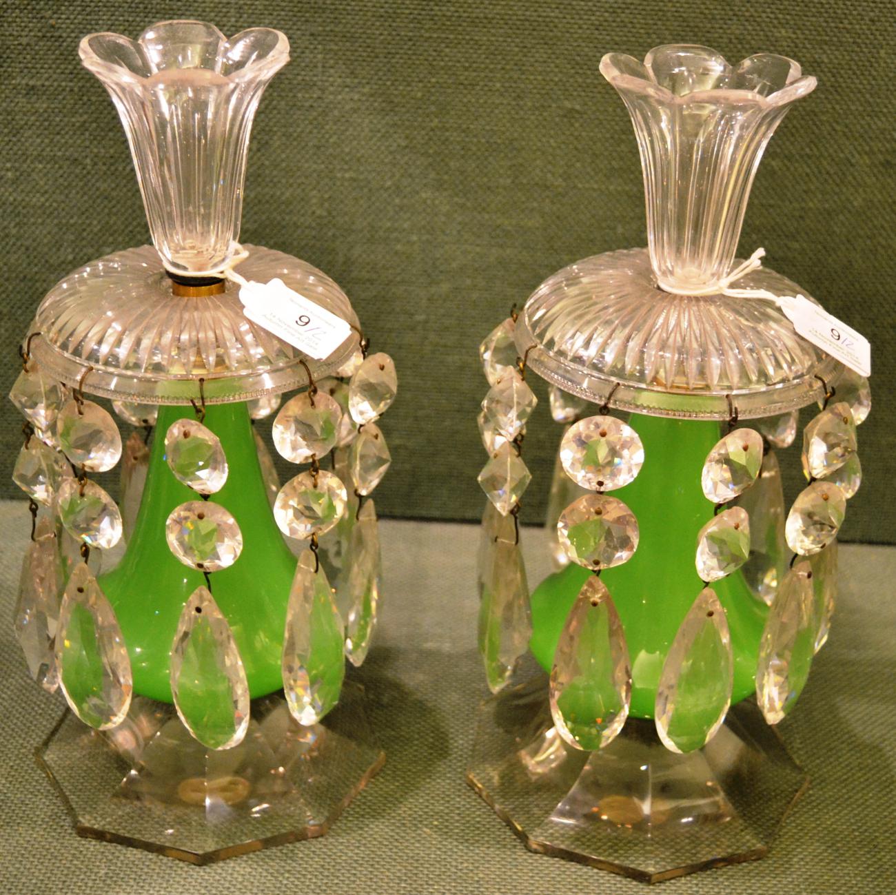 A Pair of Candlestick Lustres, circa 1830, with tulip shaped sockets on inverted fluted circular