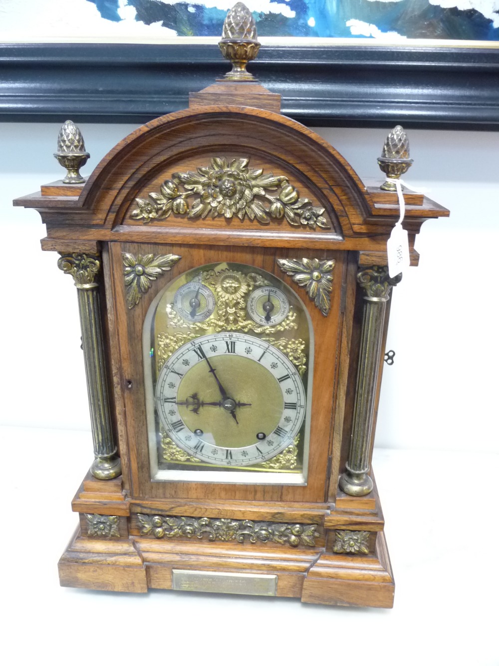 An Oak Chiming Table Clock, retailed by West & Son, Dublin, circa 1890, arched top with acorn - Image 3 of 9