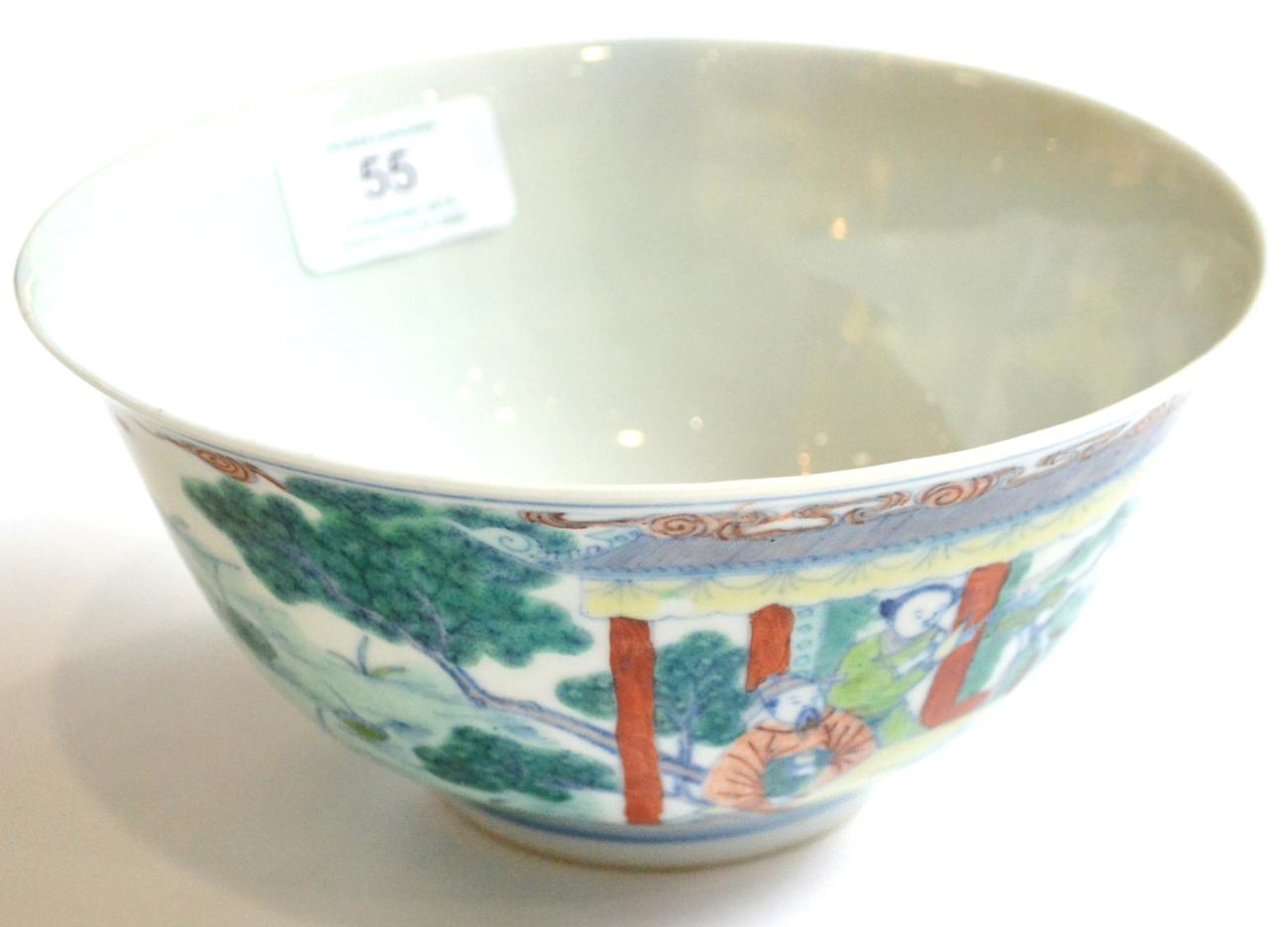 A Chinese Wucai Porcelain Bowl, Yongzheng reign mark but not of the period, painted with a