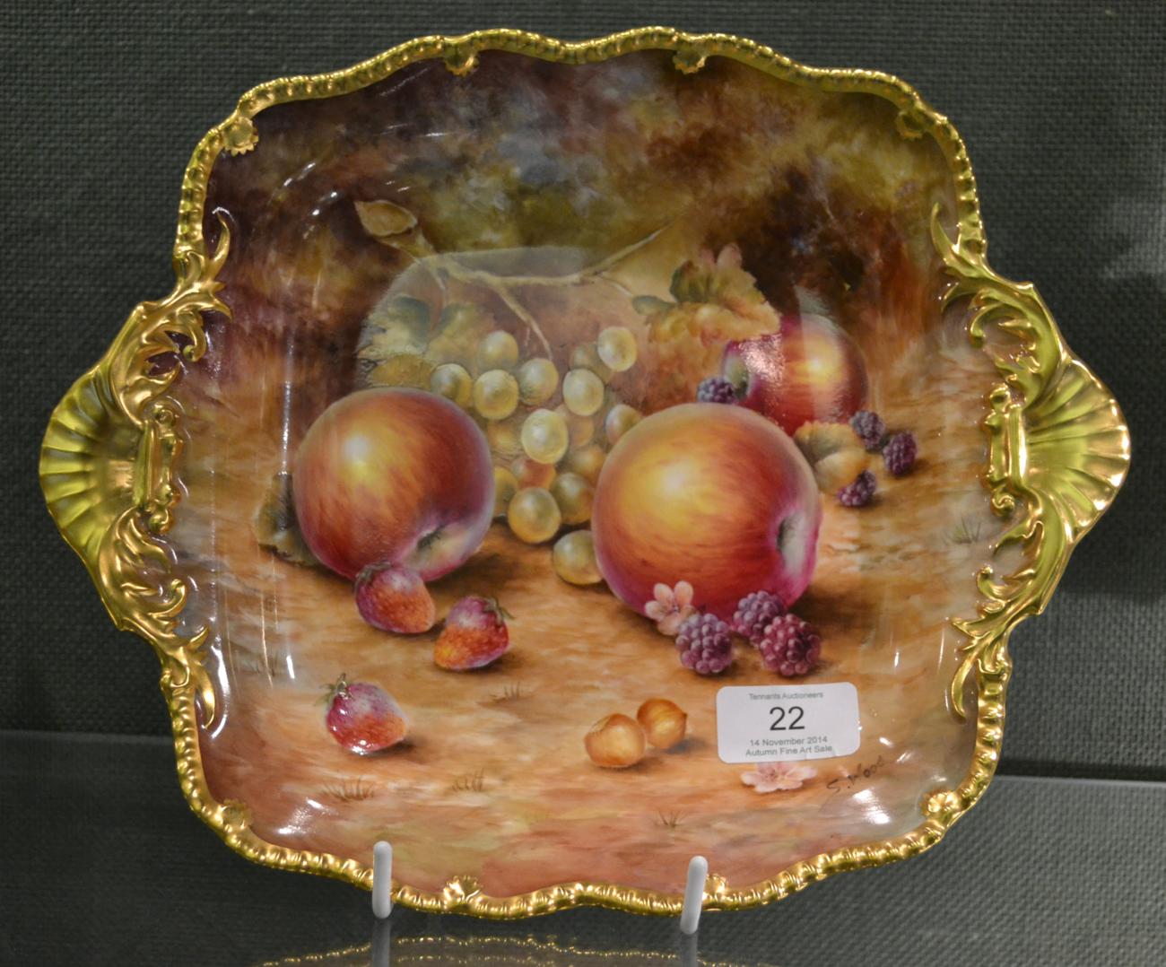 A Royal Worcester Porcelain Twin-Handled Square Dish, 20th century, painted by S Wood with a still