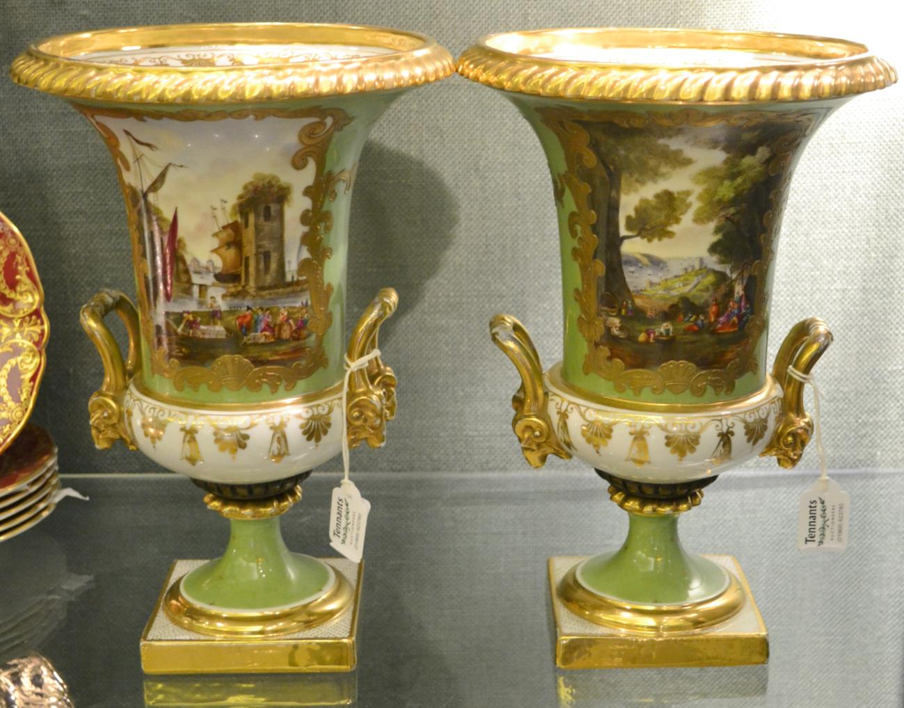 A Pair of Samson of Paris Porcelain Campana Vases, 19th century, in Derby style, painted with named