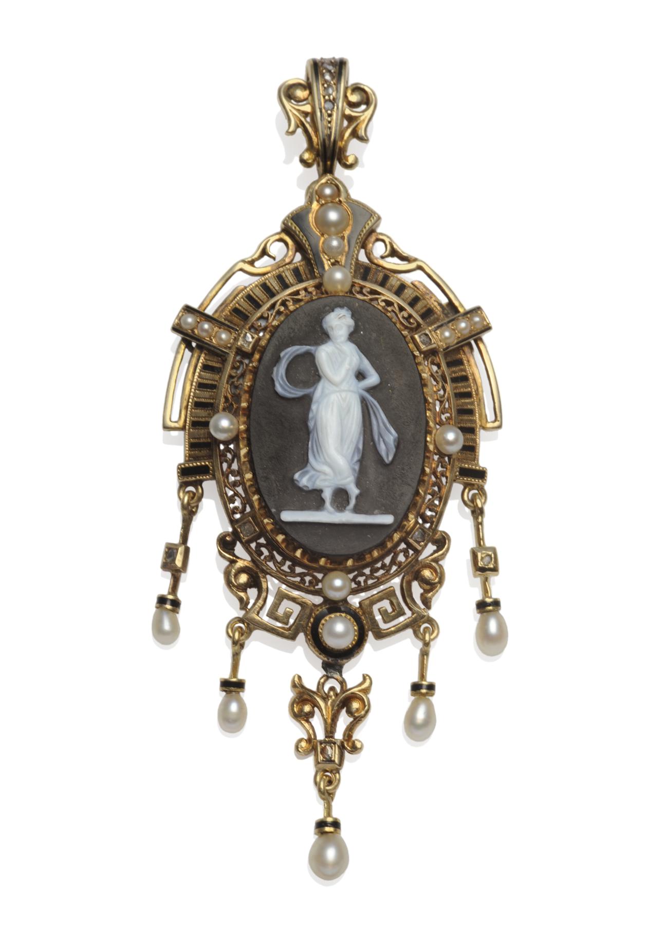 A Cameo, Pearl and Diamond Pendant, a black and white hardstone cameo centrally depicting a maiden,
