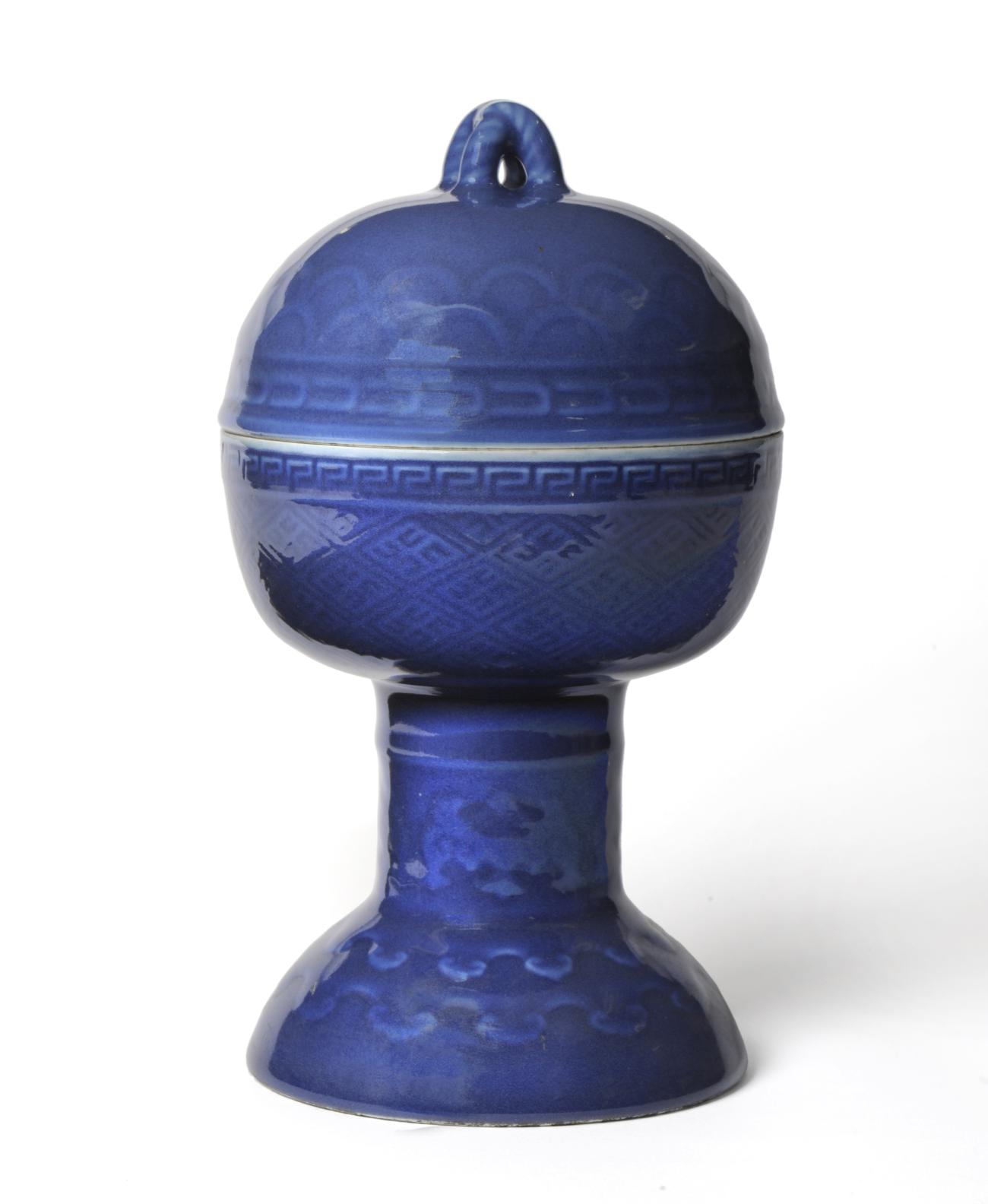 A Chinese Porcelain Blue Ground Altar Censer and Cover, Jiaqing seal marks and of the period, of