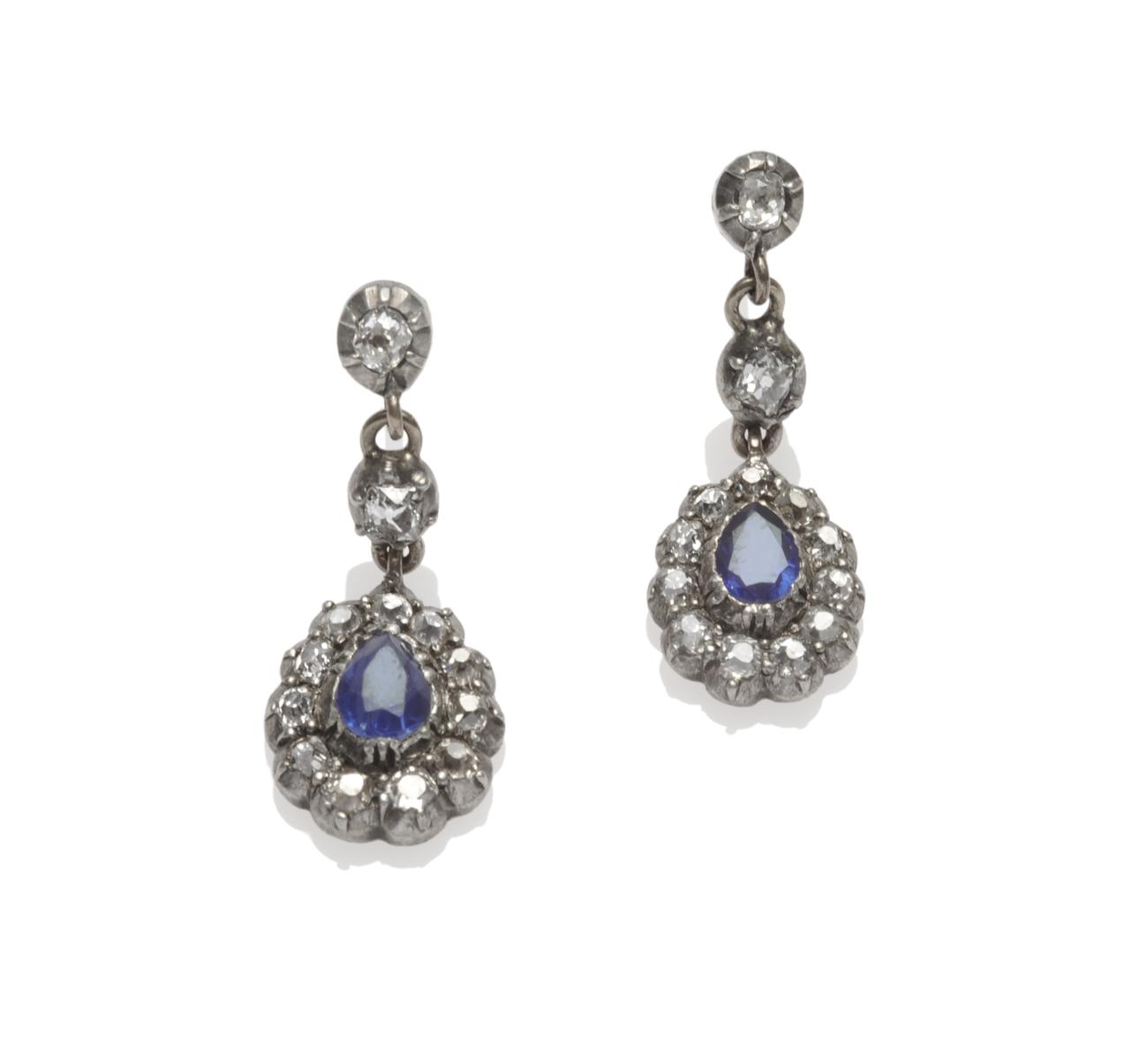 A Pair of Sapphire and Diamond Drop Earrings, circa 1860, two chain linked old cut diamonds suspend