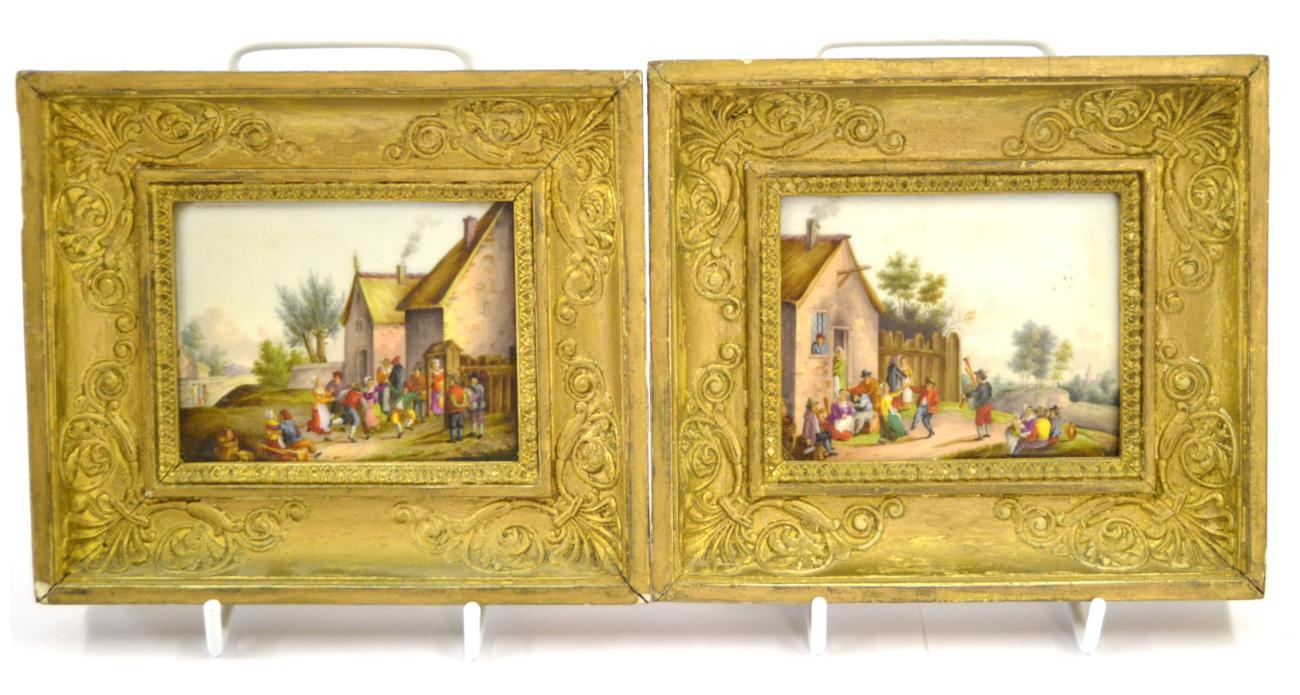 A Pair of Continental Porcelain Plaques, late 19th century, painted with Dutch peasant scenes, 8cm