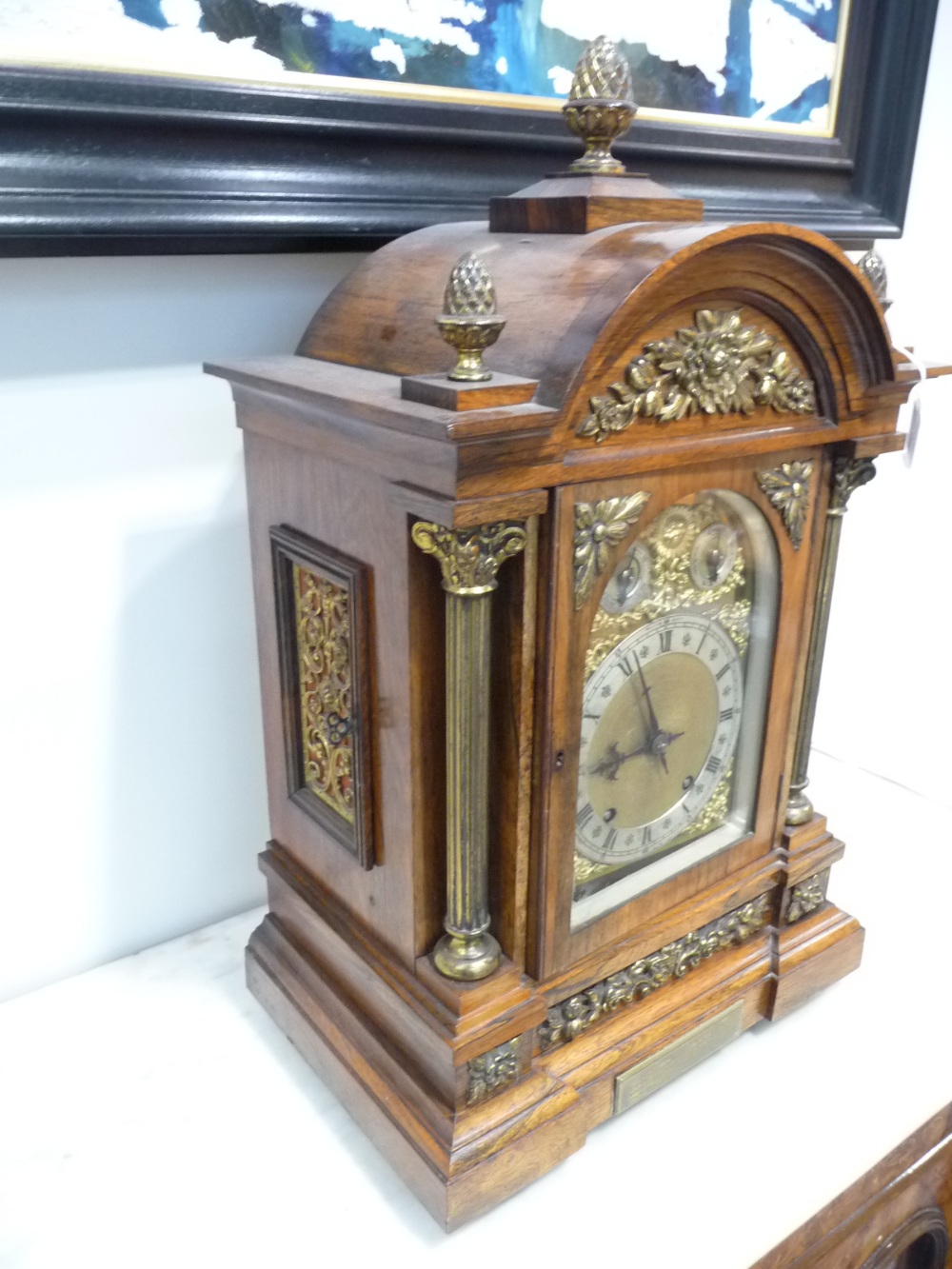 An Oak Chiming Table Clock, retailed by West & Son, Dublin, circa 1890, arched top with acorn - Image 4 of 9