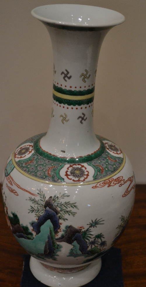 A Chinese Porcelain Bottle Vase, 19th century, painted in famille verte enamels with a dignitary - Image 6 of 9