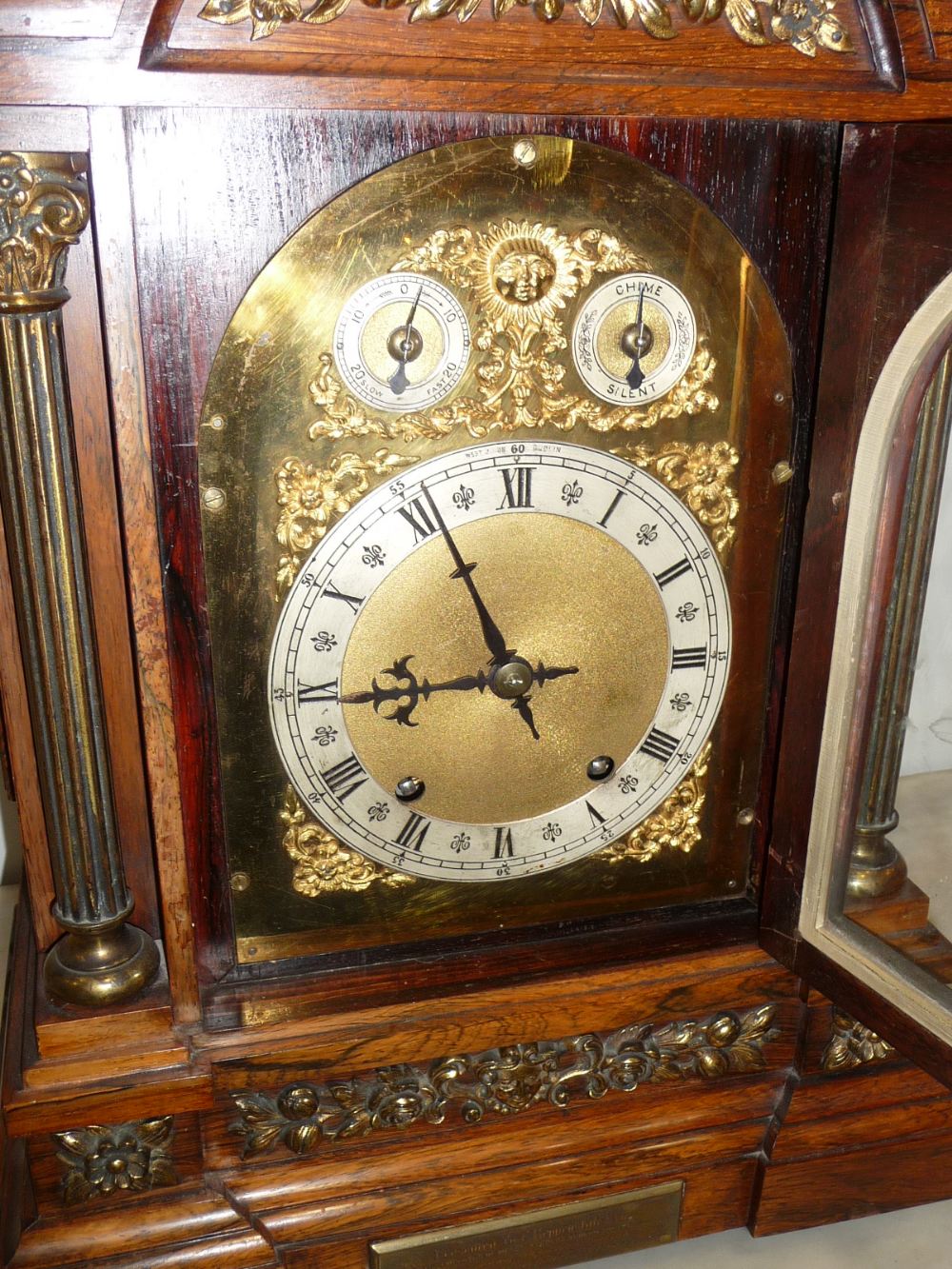 An Oak Chiming Table Clock, retailed by West & Son, Dublin, circa 1890, arched top with acorn - Image 6 of 9