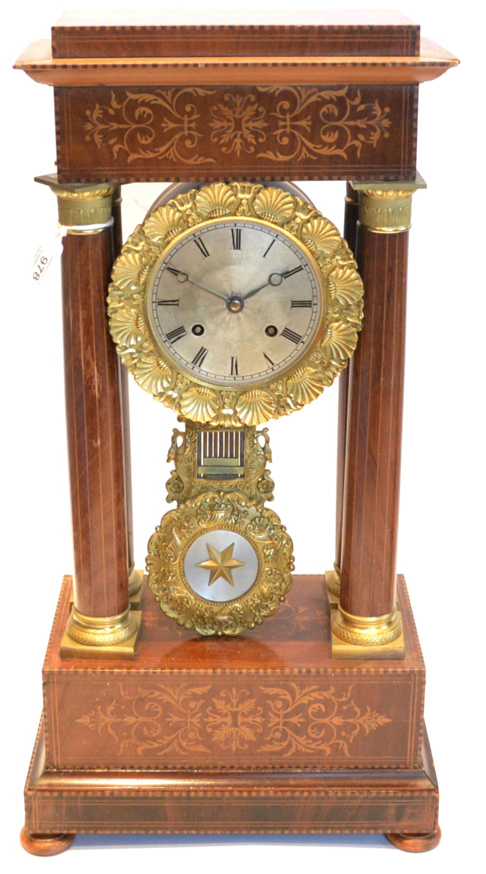 A Rosewood Portico Striking Mantel Clock, circa 1880, inlaid case, 4-inch silvered engine turned