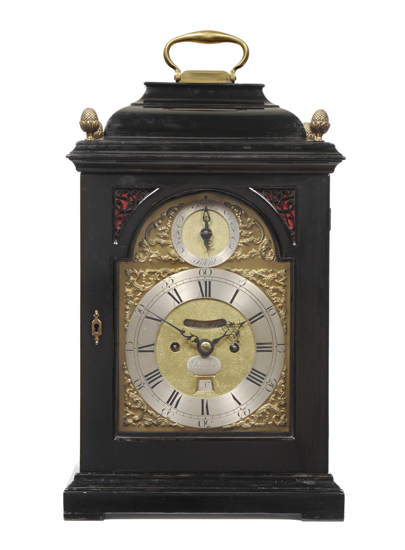 An Ebonised Striking Table Clock, signed John Flook, London, circa 1760, inverted bell top with