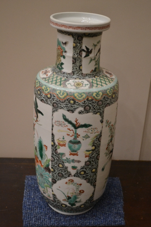 A Chinese Porcelain Rouleau Vase, Qing Dynasty, painted in famille verte enamels with birds in - Image 6 of 8
