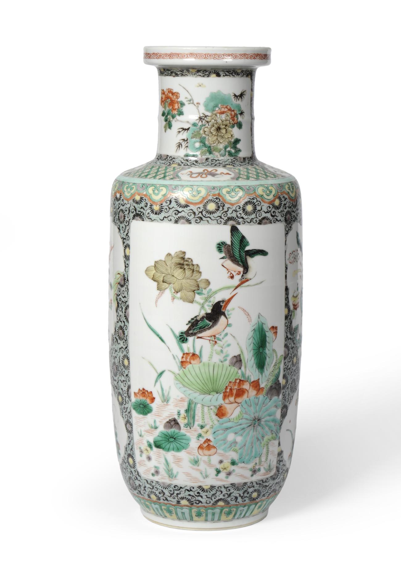 A Chinese Porcelain Rouleau Vase, Qing Dynasty, painted in famille verte enamels with birds in