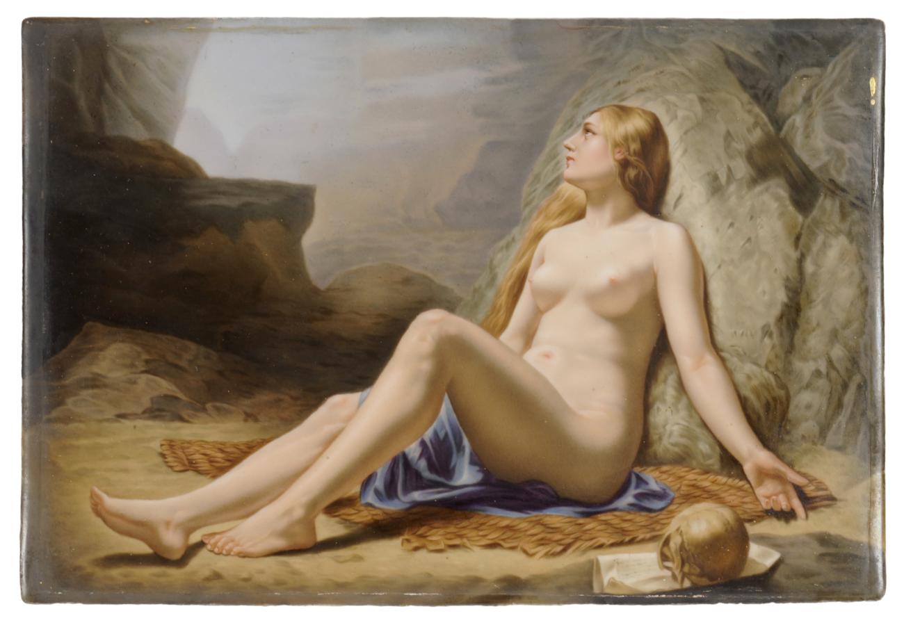 A KPM Berlin Porcelain Plaque, late 19th century, painted with a nude girl sitting amongst rocks,