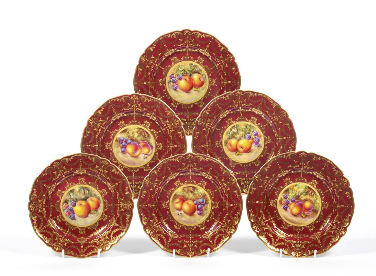 A Set of Six Royal Worcester Porcelain Cabinet Plates, 20th century, painted by Bowen with still