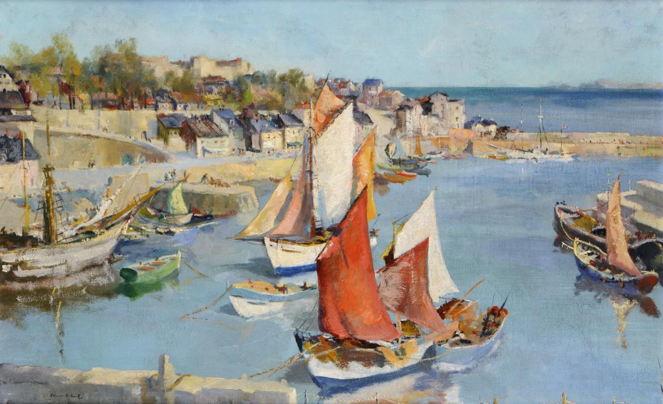 Francis Russell Flint (1915-1977) Mediterranean Harbour  Signed, oil on canvas, 41.5cm by 66.