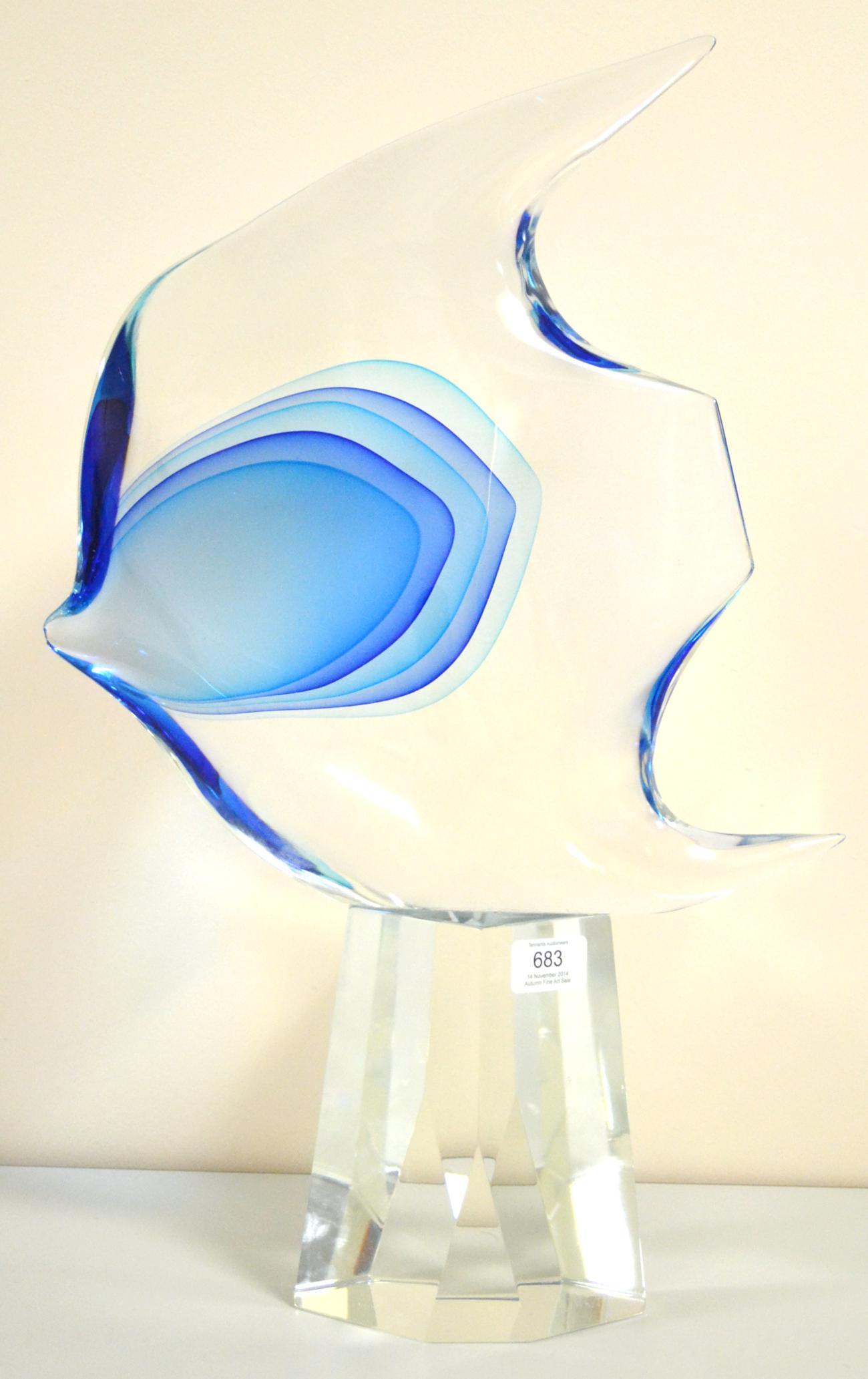 A Modern Murano Glass Angelfish, by Arnaldo Zanella, circa 1990`s, with blue accents, on a clear