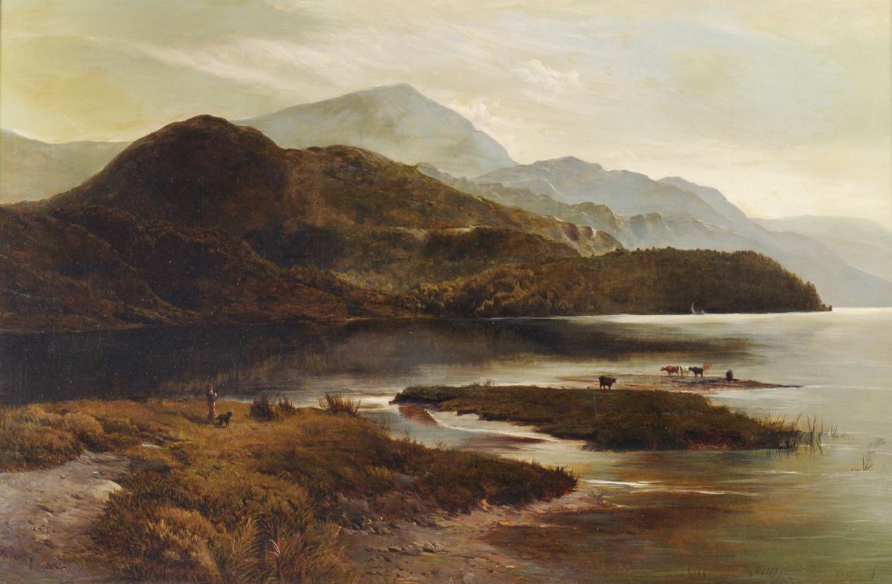 Sidney Richard Percy RA (1821-1886)  Cattle watering in before Mount Snowdon with a figure looking