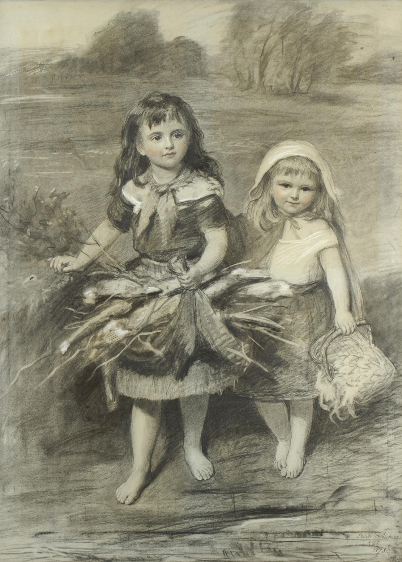 Eden Upton Eddis (1812-1901) ``Sketch for a Picture``- Two young girls crossing a stream with