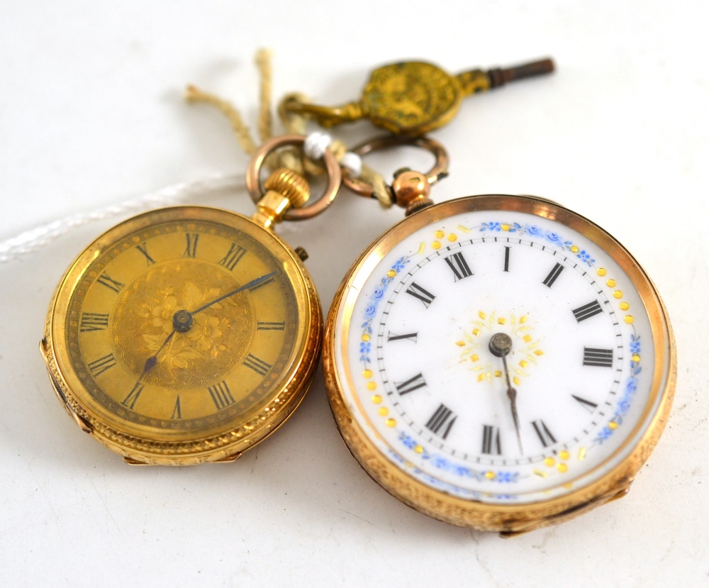 Two lady`s fob watches, cases stamped `14K` and `18K`