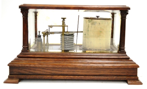 19th Century Barograph with eight part vacuum section, brass pivots and supports, in oak case with